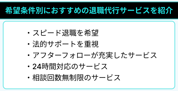 希望条件別におすすめの退職代行サービスを紹介のイラスト