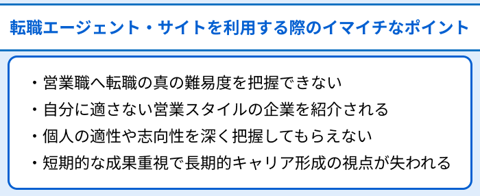 営業職向け転職エージェント・サイトを利用する際のイマイチなポイントのイラスト