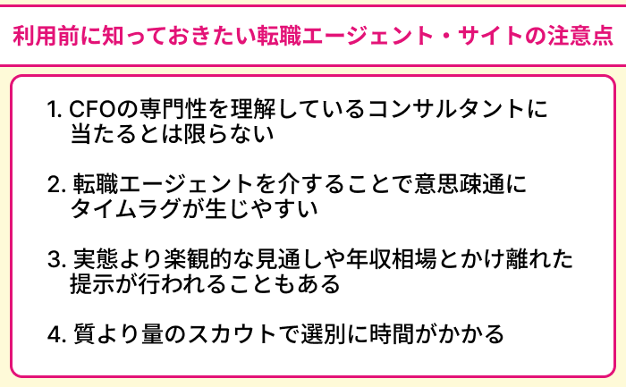 利用前に知っておきたいCFO向け転職エージェント・サイトの注意点のイラスト