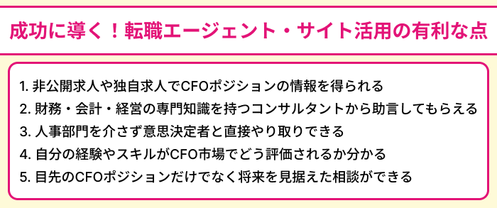 CFO転職を成功に導く！転職エージェント・サイト活用の有利な点のイラスト