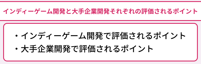 インディーゲーム開発と大手企業開発それぞれの評価されるポイントのイラスト