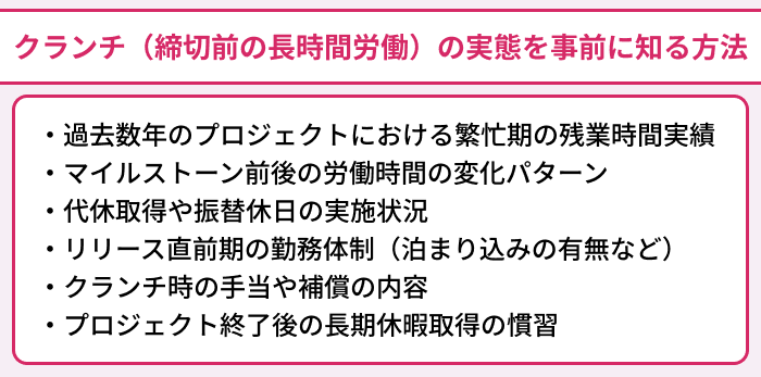 ゲーム業界の転職でクランチ（締切前の長時間労働）の実態を事前に知る方法のイラスト